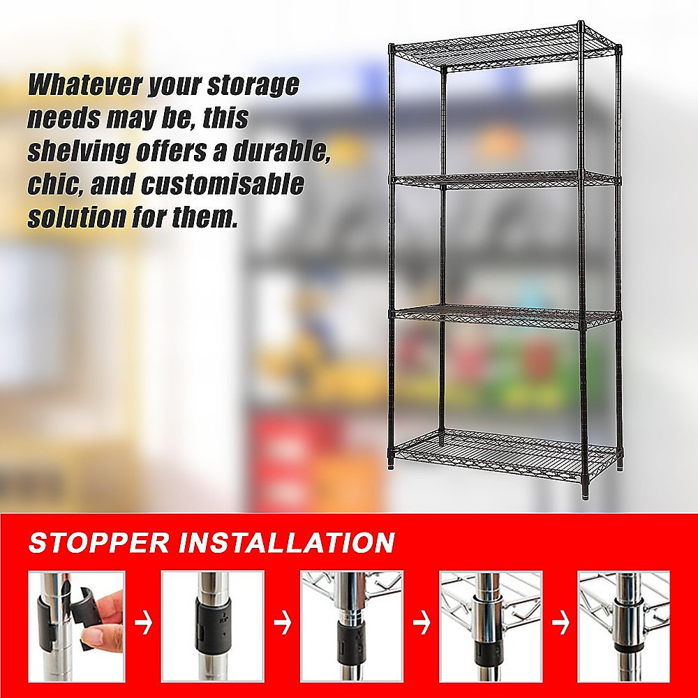 Modular Wire Storage 90x35cm Steel Shelving Black With Fixed Legs For Garage Warehouse Or Kitchen Organisation