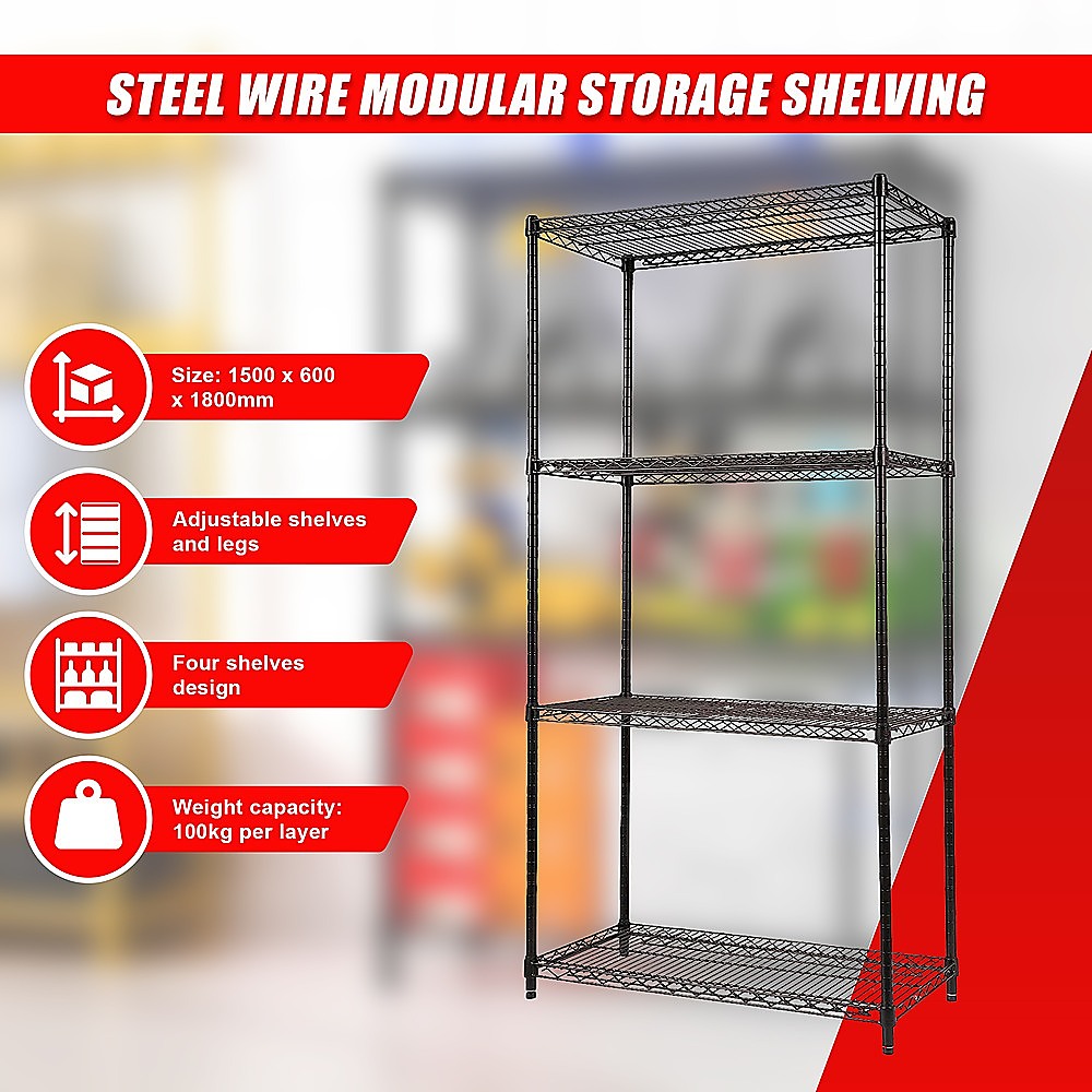 Modular Wire Storage 90x35cm Steel Shelving Black With Fixed Legs For Garage Warehouse Or Kitchen Organisation