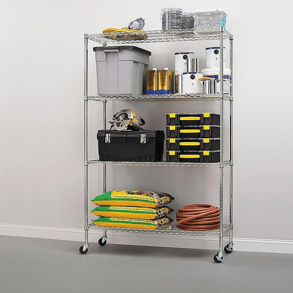 Modular Wire Storage 90x35cm Steel Shelving Chrome With Wheels For Garage Warehouse Or Kitchen Organisation
