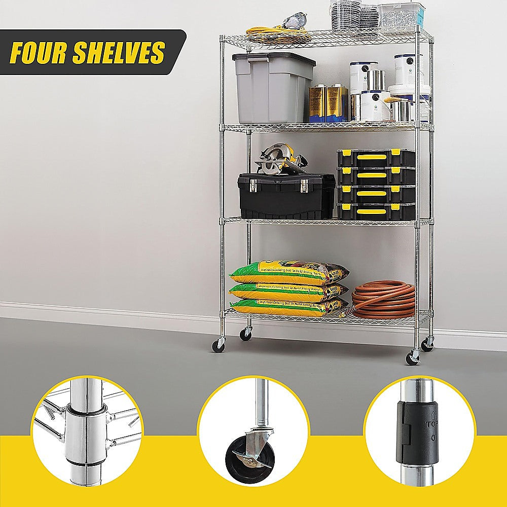 Modular Wire Storage 90x35cm Steel Shelving Chrome With Wheels For Garage Warehouse Or Kitchen Organisation