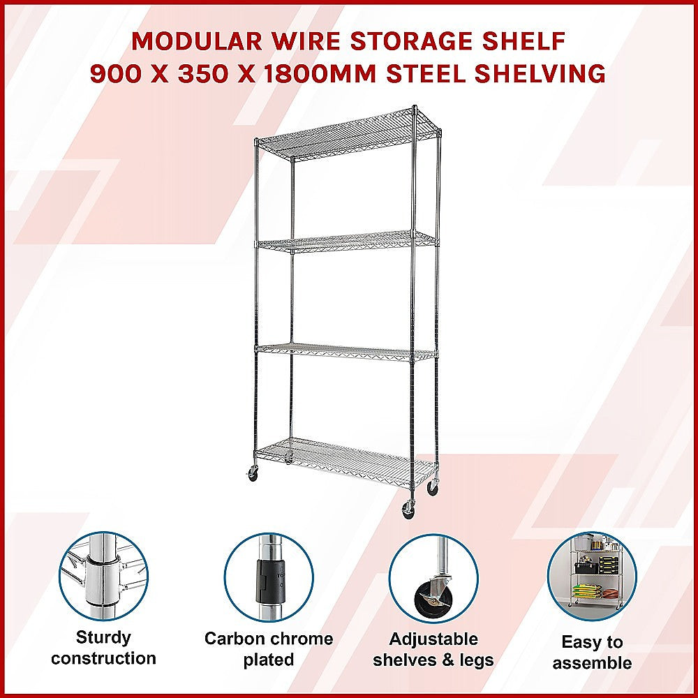 Modular Wire Storage 90x35cm Steel Shelving Chrome With Wheels For Garage Warehouse Or Kitchen Organisation
