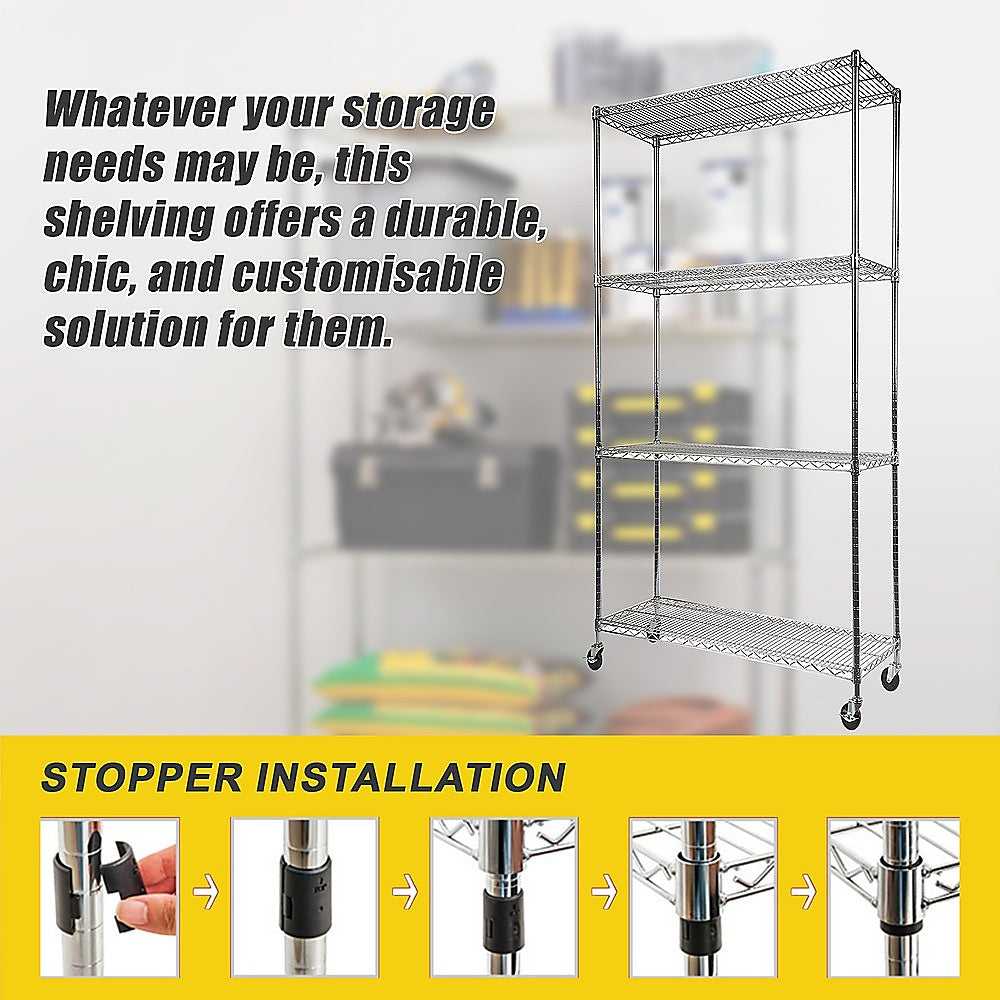 Modular Wire Storage 90x35cm Steel Shelving Chrome With Wheels For Garage Warehouse Or Kitchen Organisation