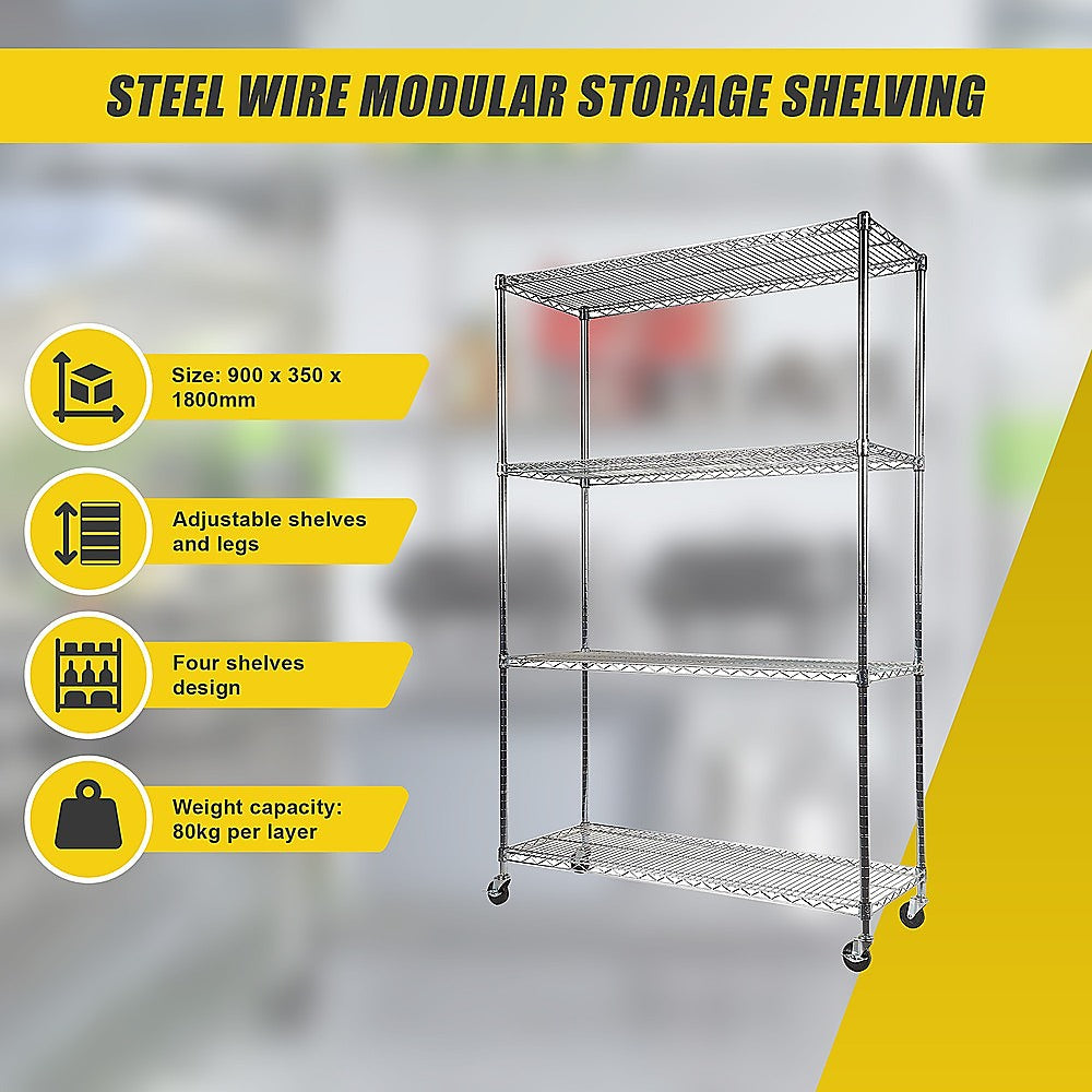 Modular Wire Storage 90x35cm Steel Shelving Chrome With Wheels For Garage Warehouse Or Kitchen Organisation