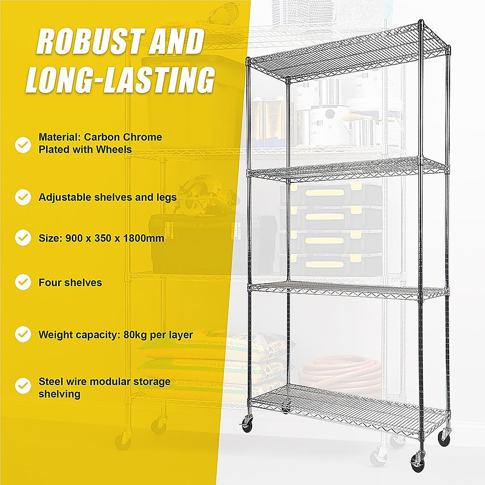 Modular Wire Storage 90x35cm Steel Shelving Chrome With Wheels For Garage Warehouse Or Kitchen Organisation