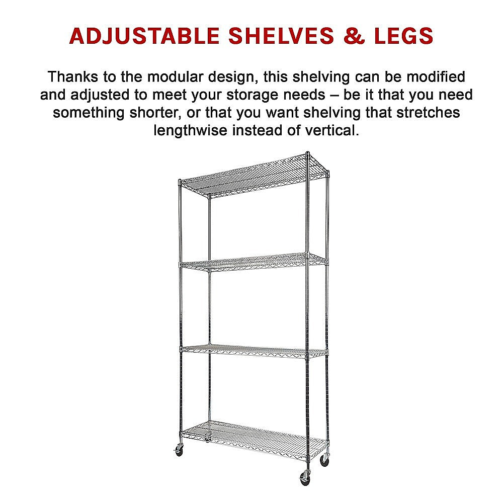 Modular Wire Storage 90x35cm Steel Shelving Chrome With Wheels For Garage Warehouse Or Kitchen Organisation