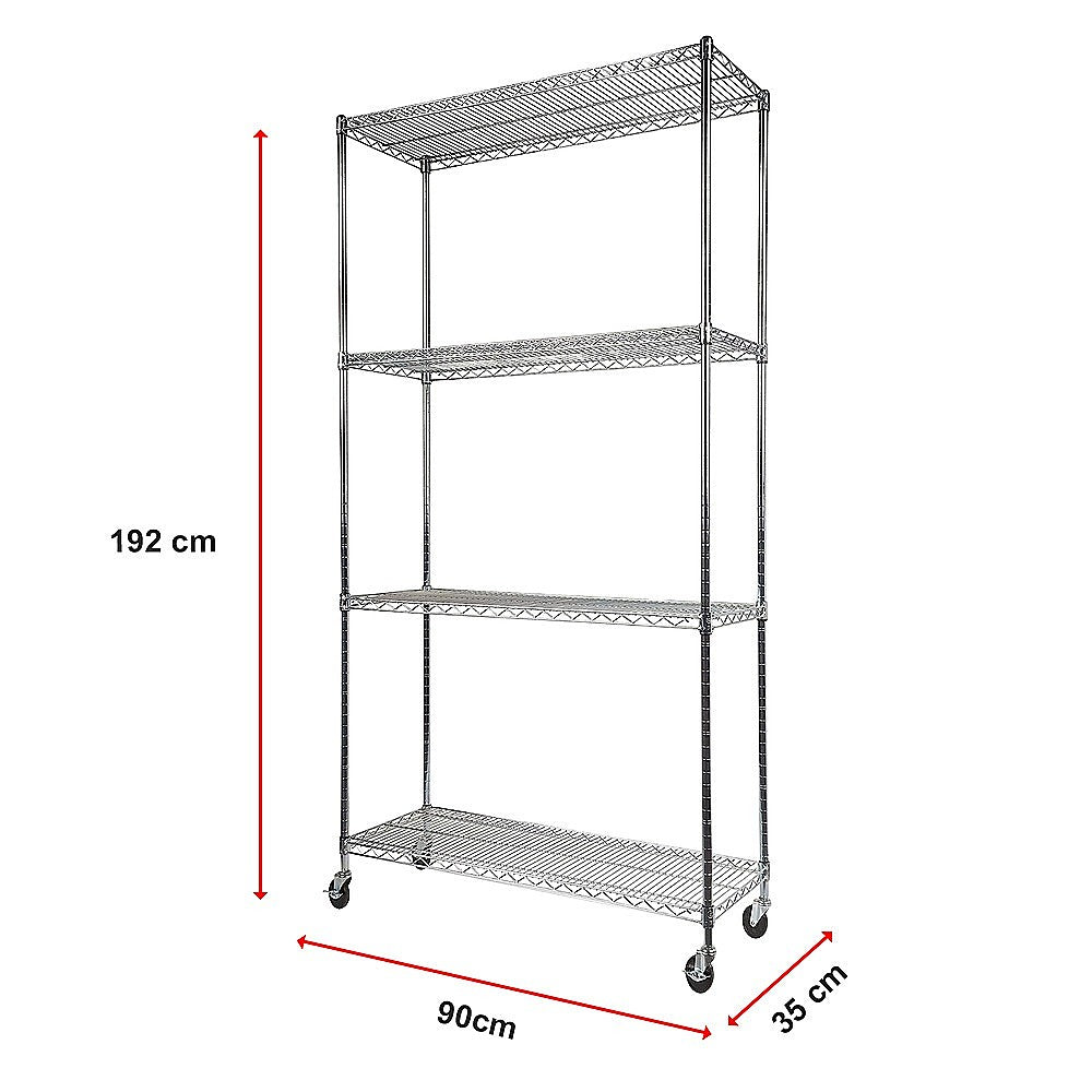 Modular Wire Storage 90x35cm Steel Shelving Chrome With Wheels For Garage Warehouse Or Kitchen Organisation