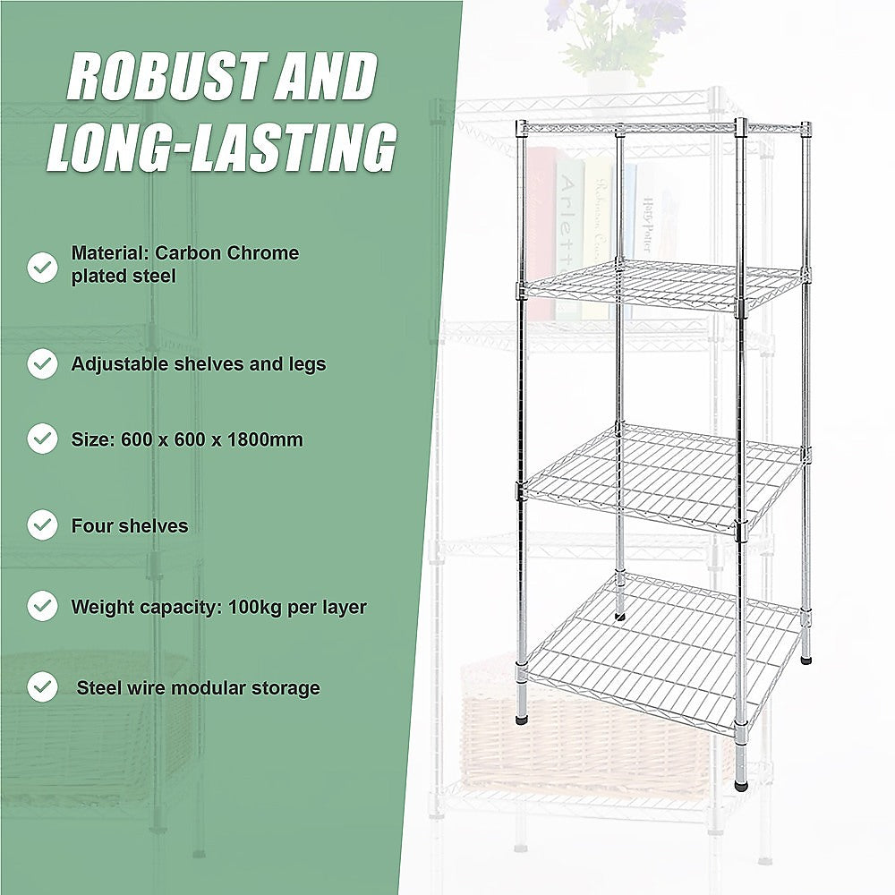 Modular Wire Storage 60x60cm Steel Shelving Chrome With Fixed Legs For Garage Warehouse Or Kitchen Organisation