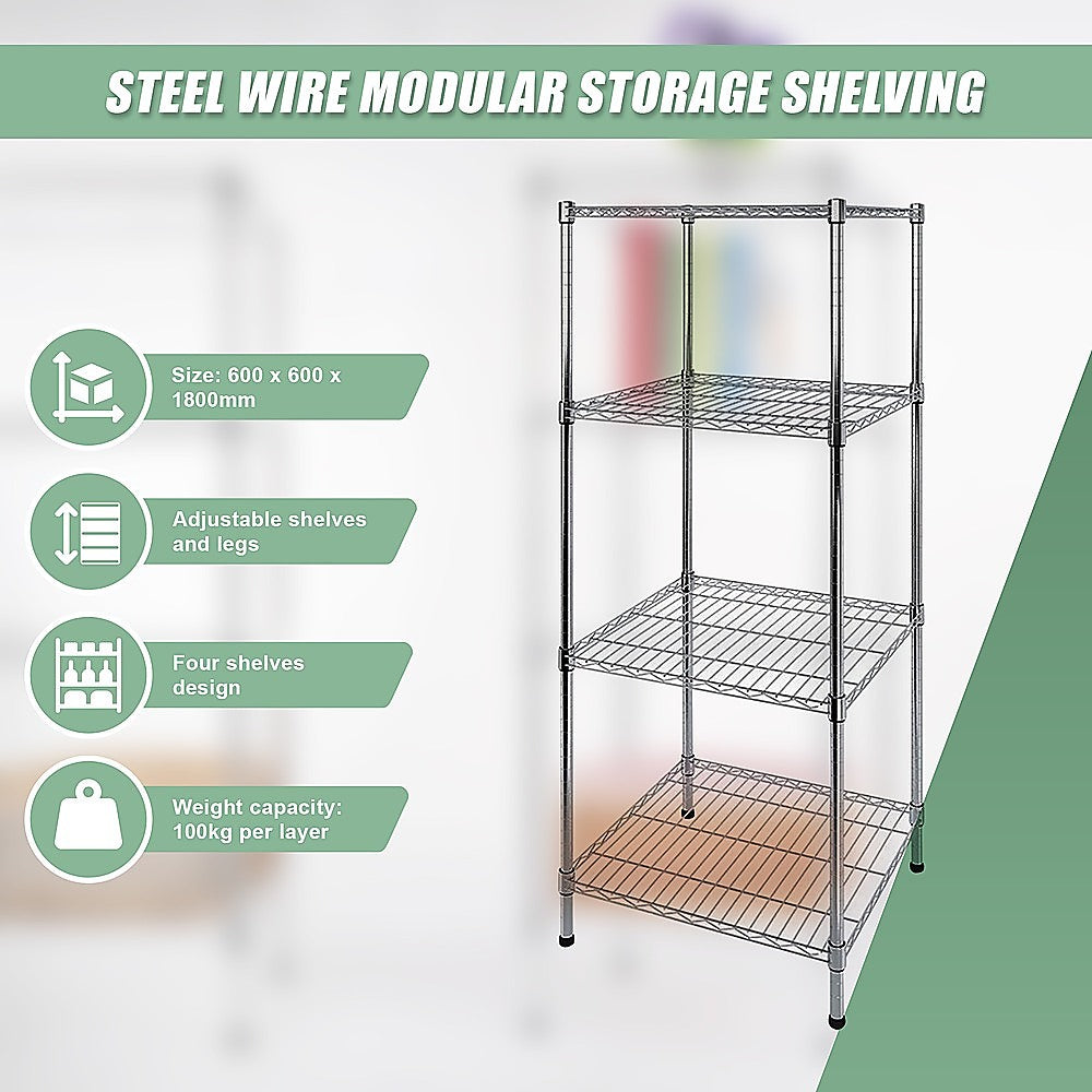 Modular Wire Storage 60x60cm Steel Shelving Chrome With Fixed Legs For Garage Warehouse Or Kitchen Organisation