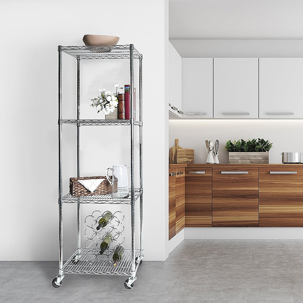 Modular Wire Storage 60x60cm Steel Shelving Chrome With Wheels For Garage Warehouse Or Kitchen Organisation