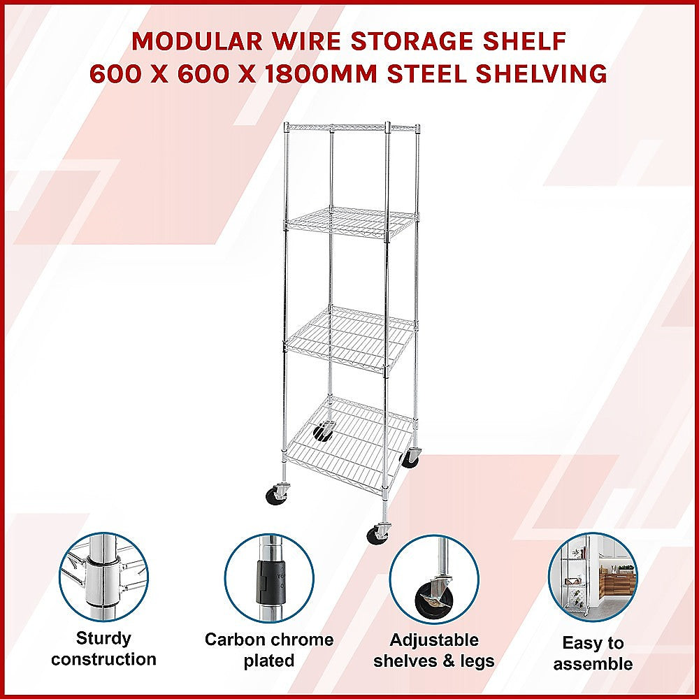 Modular Wire Storage 60x60cm Steel Shelving Chrome With Wheels For Garage Warehouse Or Kitchen Organisation