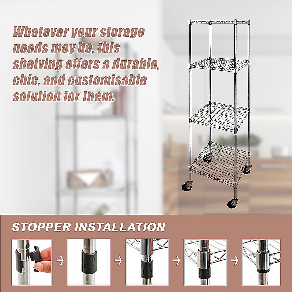 Modular Wire Storage 60x60cm Steel Shelving Chrome With Wheels For Garage Warehouse Or Kitchen Organisation