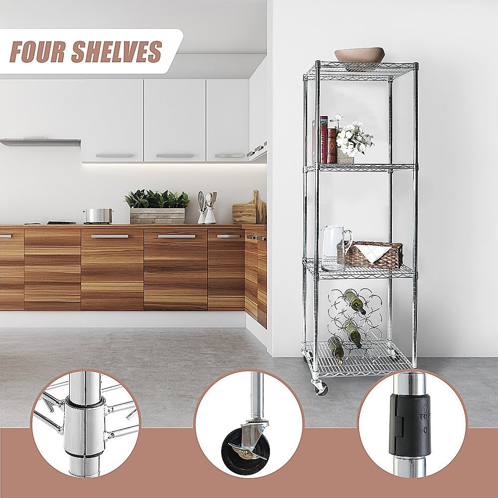 Modular Wire Storage 60x60cm Steel Shelving Chrome With Wheels For Garage Warehouse Or Kitchen Organisation