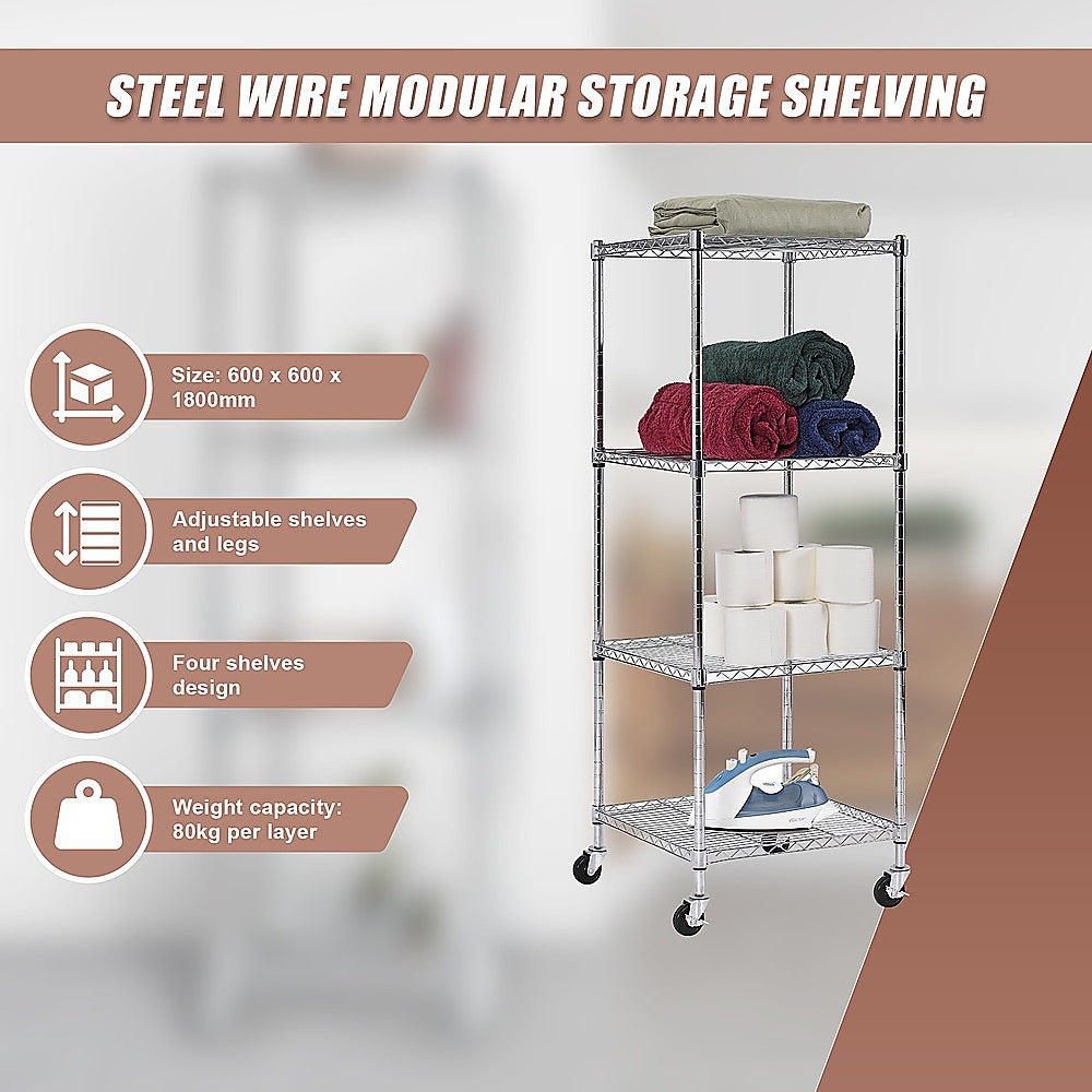 Modular Wire Storage 60x60cm Steel Shelving Chrome With Wheels For Garage Warehouse Or Kitchen Organisation