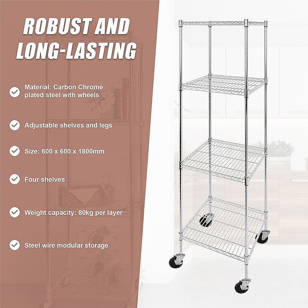 Modular Wire Storage 60x60cm Steel Shelving Chrome With Wheels For Garage Warehouse Or Kitchen Organisation