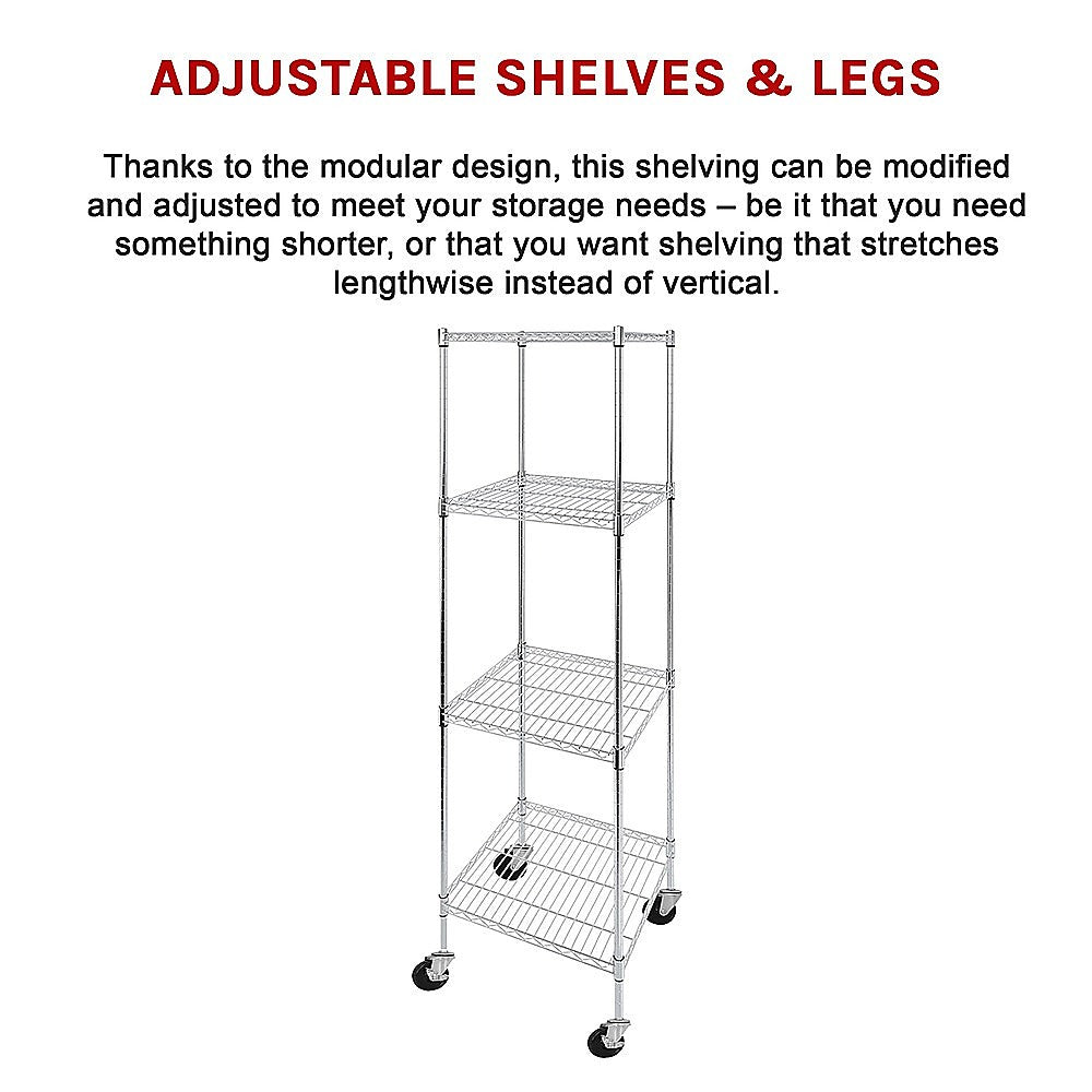Modular Wire Storage 60x60cm Steel Shelving Chrome With Wheels For Garage Warehouse Or Kitchen Organisation