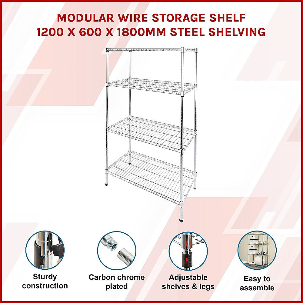 Modular Wire Storage 120x60cm Steel Shelving Chrome With Fixed Legs For Garage Warehouse Or Kitchen Organisation