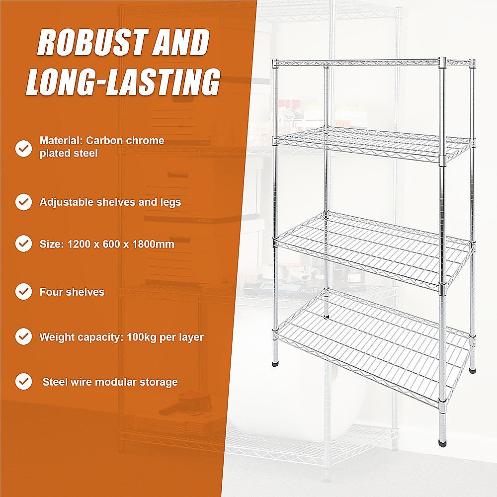 Modular Wire Storage 120x60cm Steel Shelving Chrome With Fixed Legs For Garage Warehouse Or Kitchen Organisation