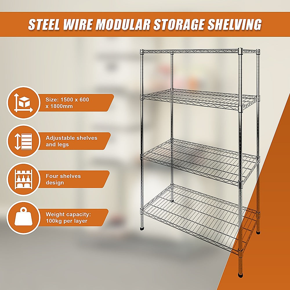 Modular Wire Storage 120x60cm Steel Shelving Chrome With Fixed Legs For Garage Warehouse Or Kitchen Organisation