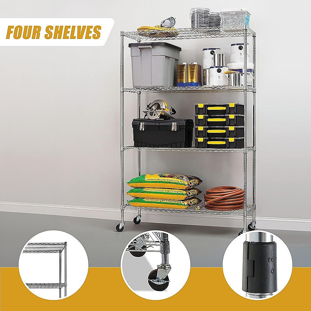 Modular Wire Storage 120x60cm Steel Shelving Chrome With Wheels For Garage Warehouse Or Kitchen Organisation