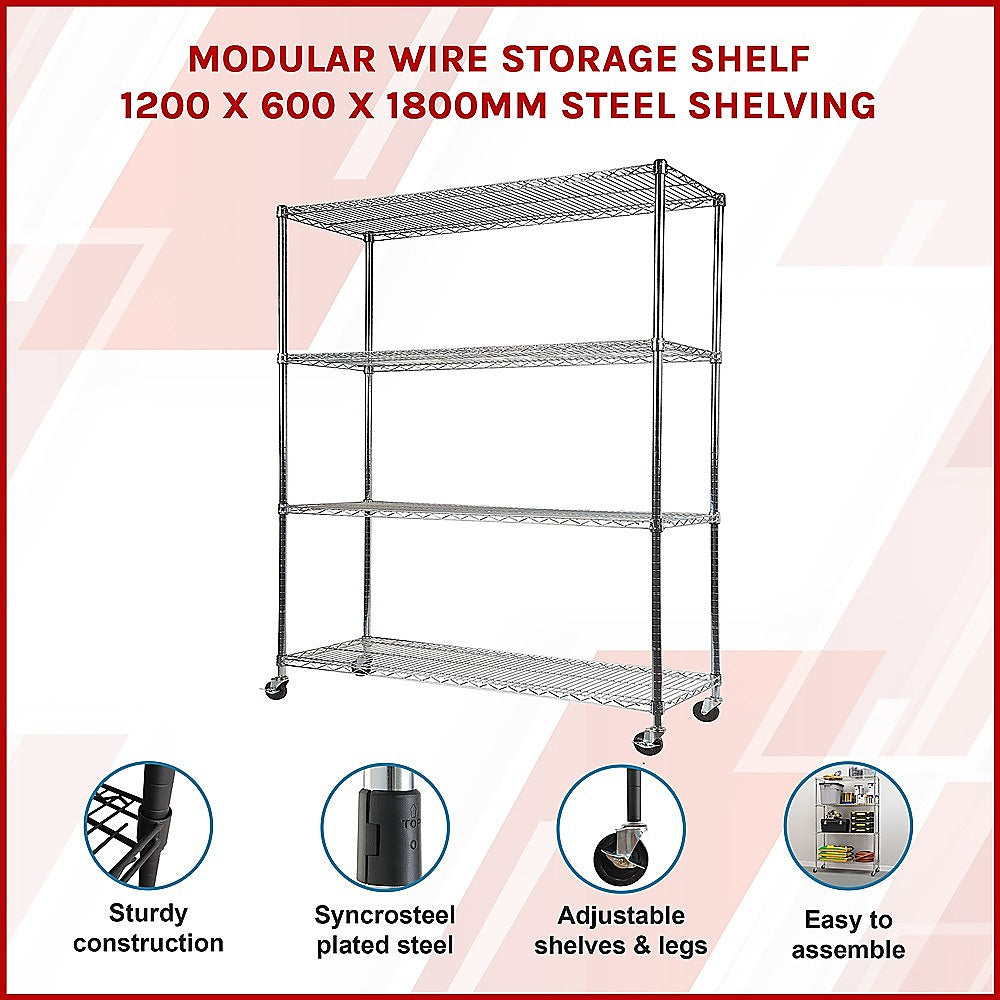 Modular Wire Storage 120x60cm Steel Shelving Chrome With Wheels For Garage Warehouse Or Kitchen Organisation