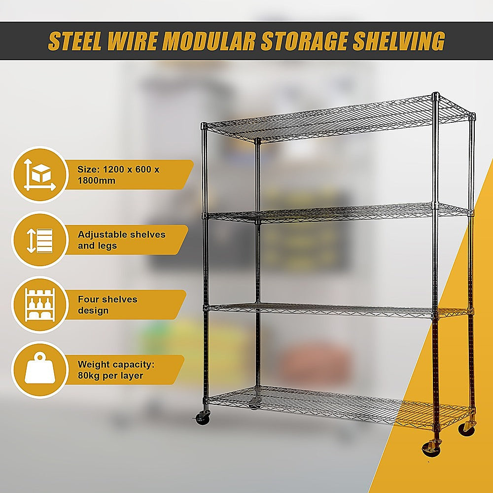 Modular Wire Storage 120x60cm Steel Shelving Chrome With Wheels For Garage Warehouse Or Kitchen Organisation