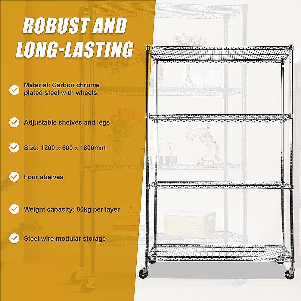 Modular Wire Storage 120x60cm Steel Shelving Chrome With Wheels For Garage Warehouse Or Kitchen Organisation