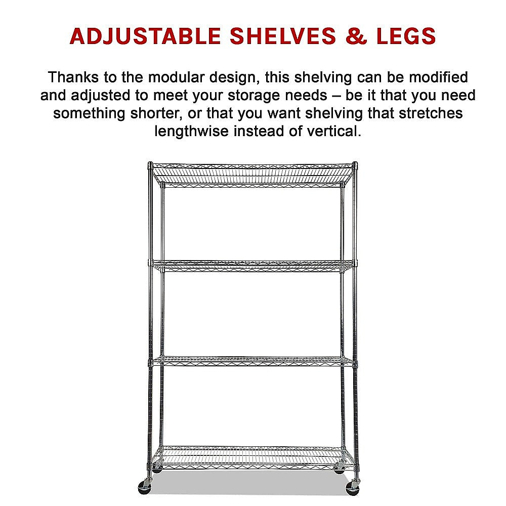 Modular Wire Storage 120x60cm Steel Shelving Chrome With Wheels For Garage Warehouse Or Kitchen Organisation
