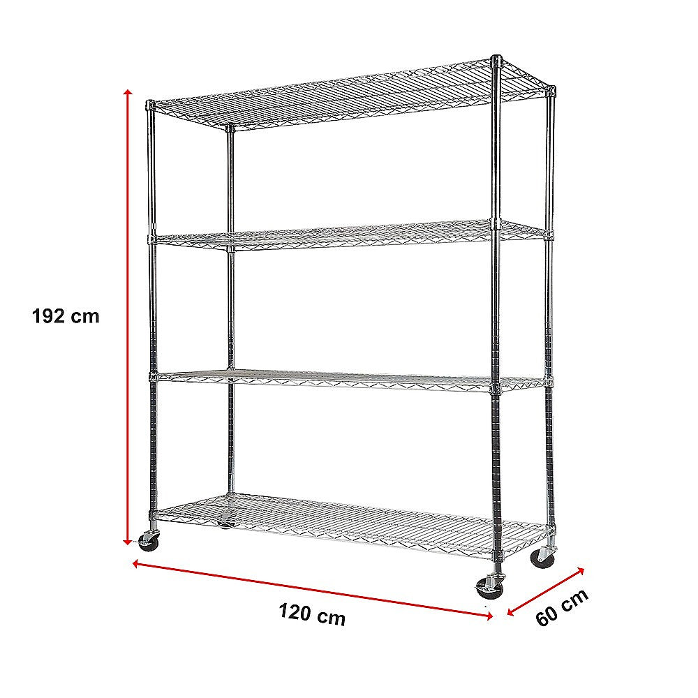 Modular Wire Storage 120x60cm Steel Shelving Chrome With Wheels For Garage Warehouse Or Kitchen Organisation