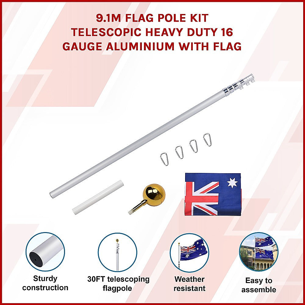 Canopies & Gazebos: 9.1m Flag Pole Kit Telescopic Heavy Duty 16 Gauge Aluminium with Flag