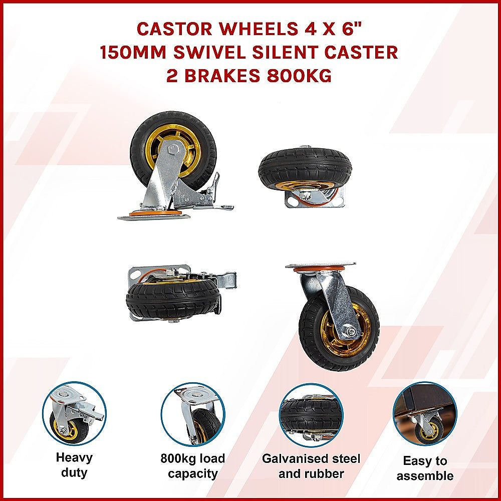 Ladders & Scaffolding: Castor Wheels 4 x 6" 150mm Swivel Silent Caster 2 Brakes 800KG