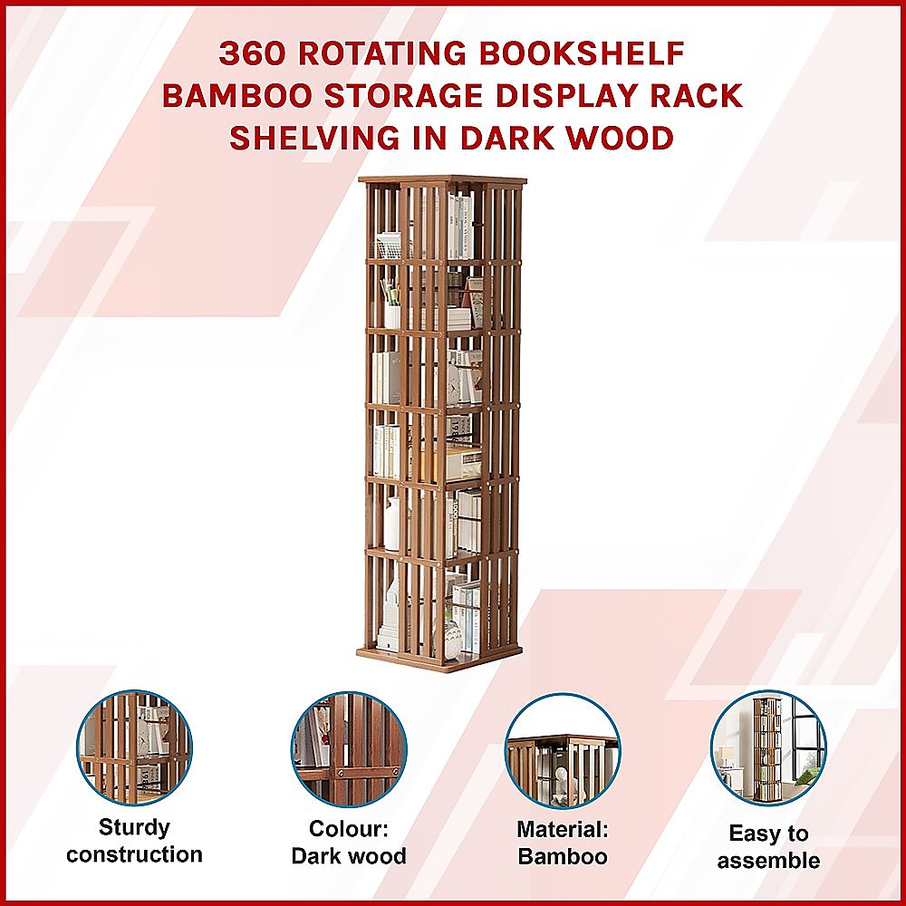 Bookcases & Shelves: 360 Rotating Bookshelf Bamboo Storage Display Rack Shelving in Dark Wood