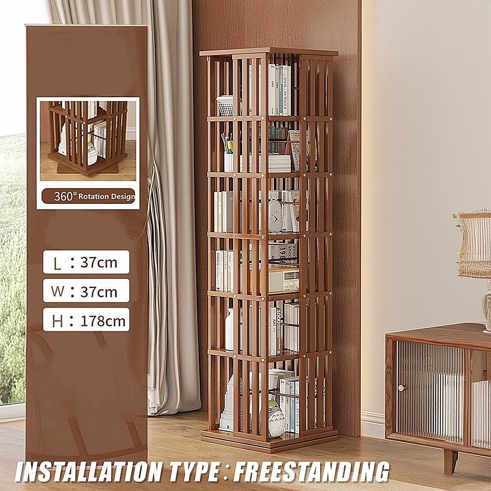 Bookcases & Shelves: 360 Rotating Bookshelf Bamboo Storage Display Rack Shelving in Dark Wood