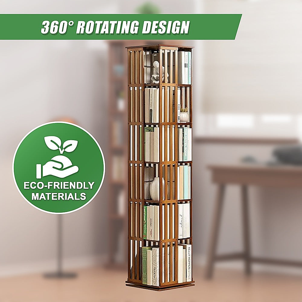Bookcases & Shelves: 360 Rotating Bookshelf Bamboo Storage Display Rack Shelving in Dark Wood