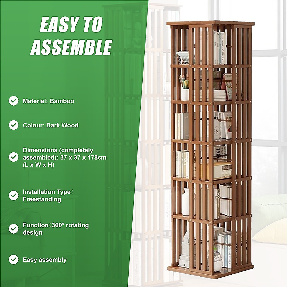 Bookcases & Shelves: 360 Rotating Bookshelf Bamboo Storage Display Rack Shelving in Dark Wood