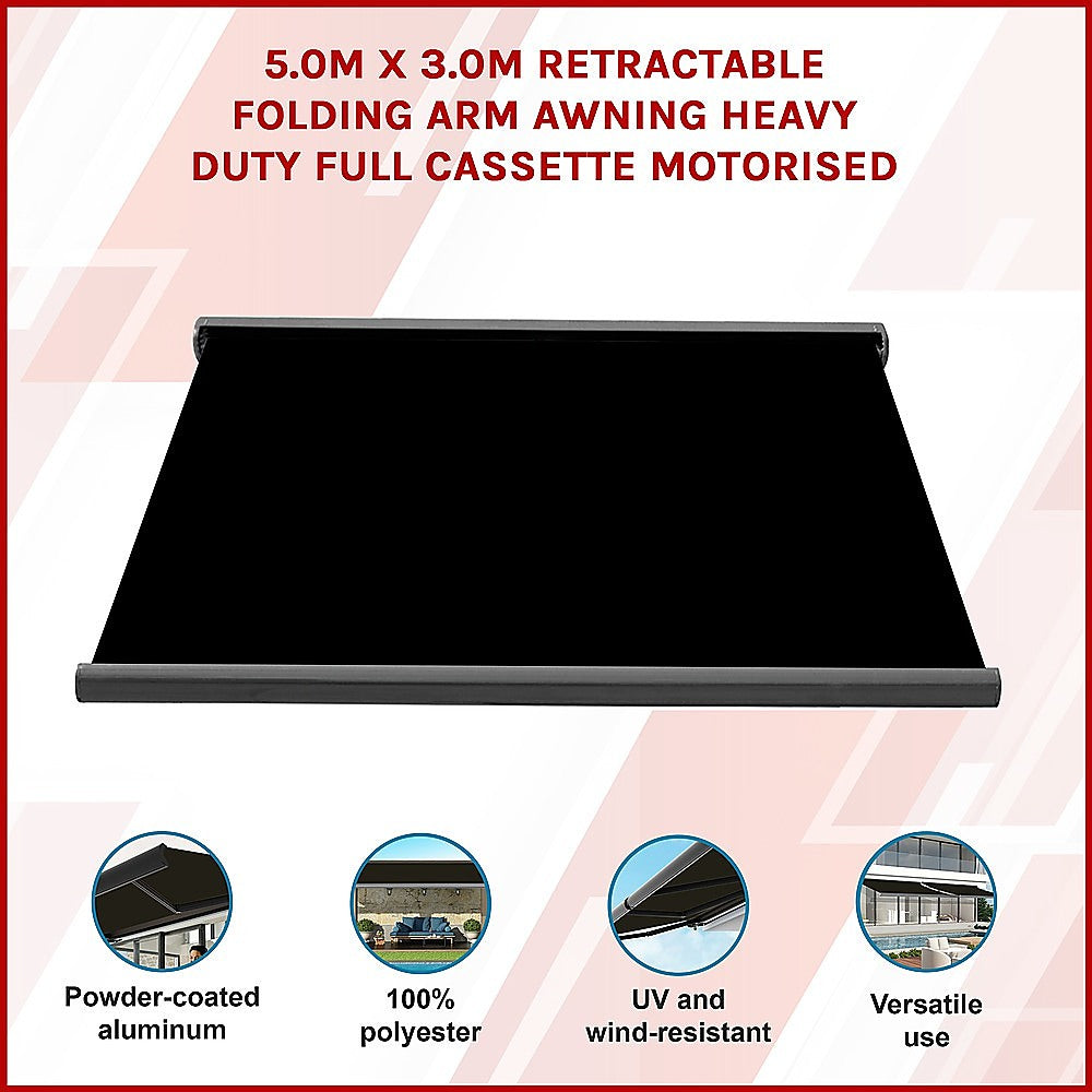 Awnings: 5.0m x 3.0m Retractable Folding Arm Awning Heavy Duty Full Cassette Motorised