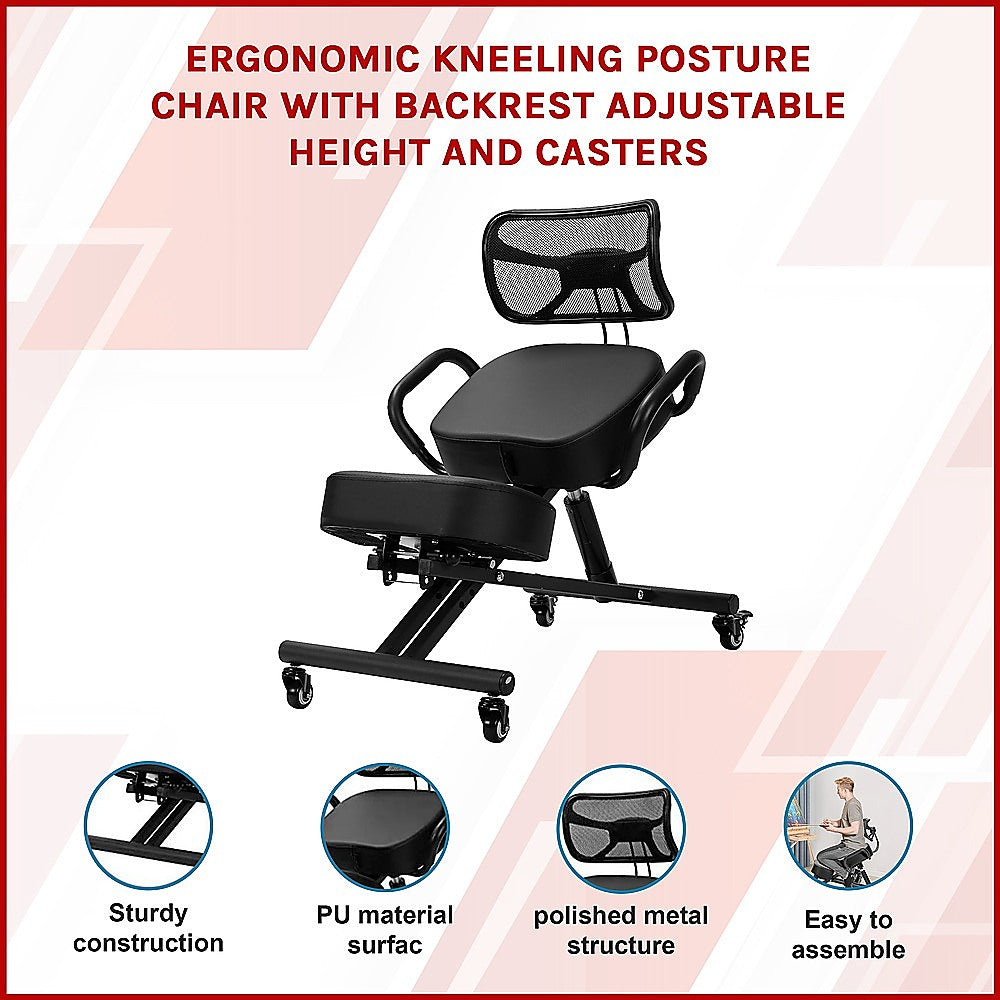 Office & Desk Chairs: Ergonomic Kneeling Posture Chair with Backrest Adjustable Height and Casters