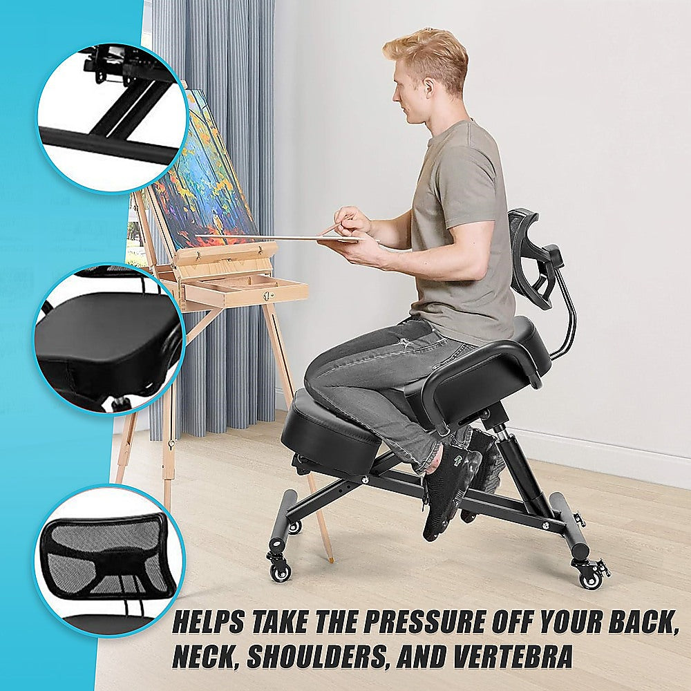Office & Desk Chairs: Ergonomic Kneeling Posture Chair with Backrest Adjustable Height and Casters
