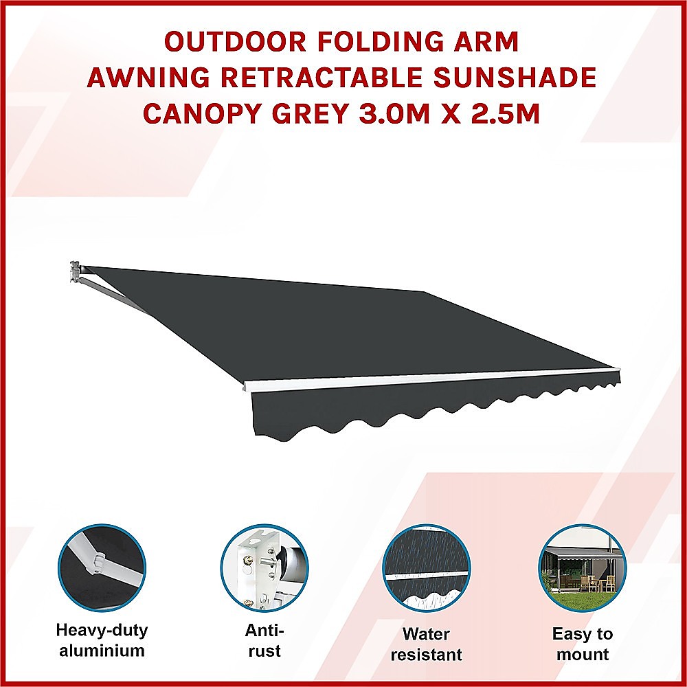 Awnings: Outdoor Folding Arm Awning Retractable Sunshade Canopy Grey 3.0m x 2.5m