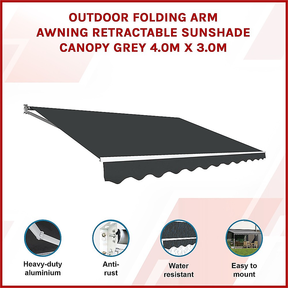 Awnings: Outdoor Folding Arm Awning Retractable Sunshade Canopy Grey 4.0m x 3.0m