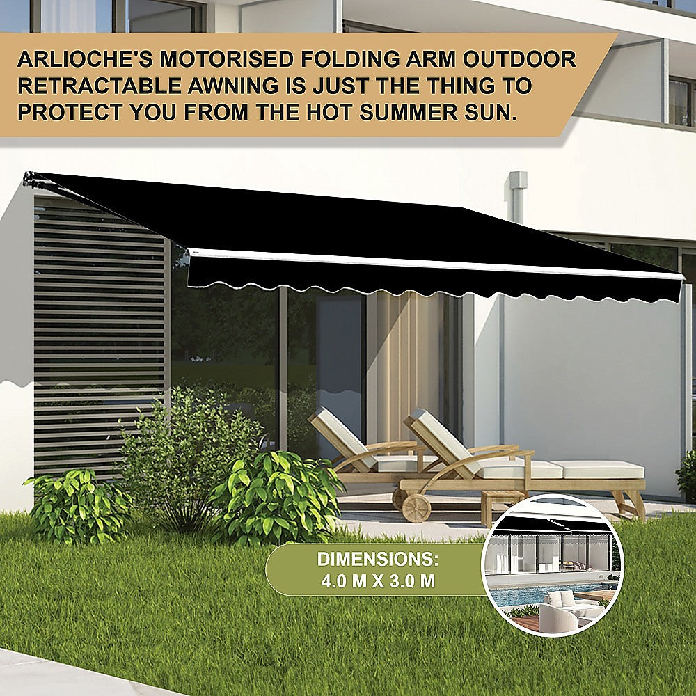 Awnings: Outdoor Folding Arm Awning Retractable Sunshade Canopy Black 4.0m x 3.0m