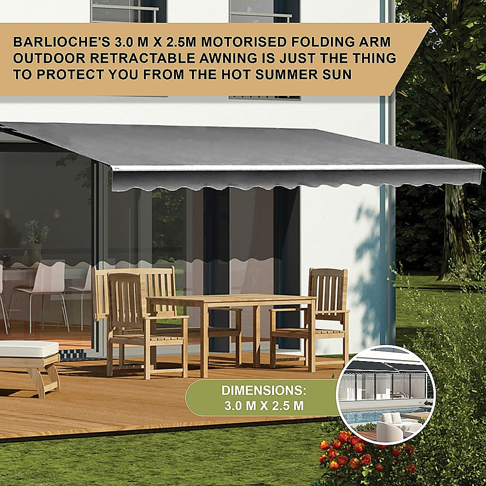 Awnings: Motorised Outdoor Folding Arm Awning Retractable Sunshade Canopy Grey 3.0m x 2.5m