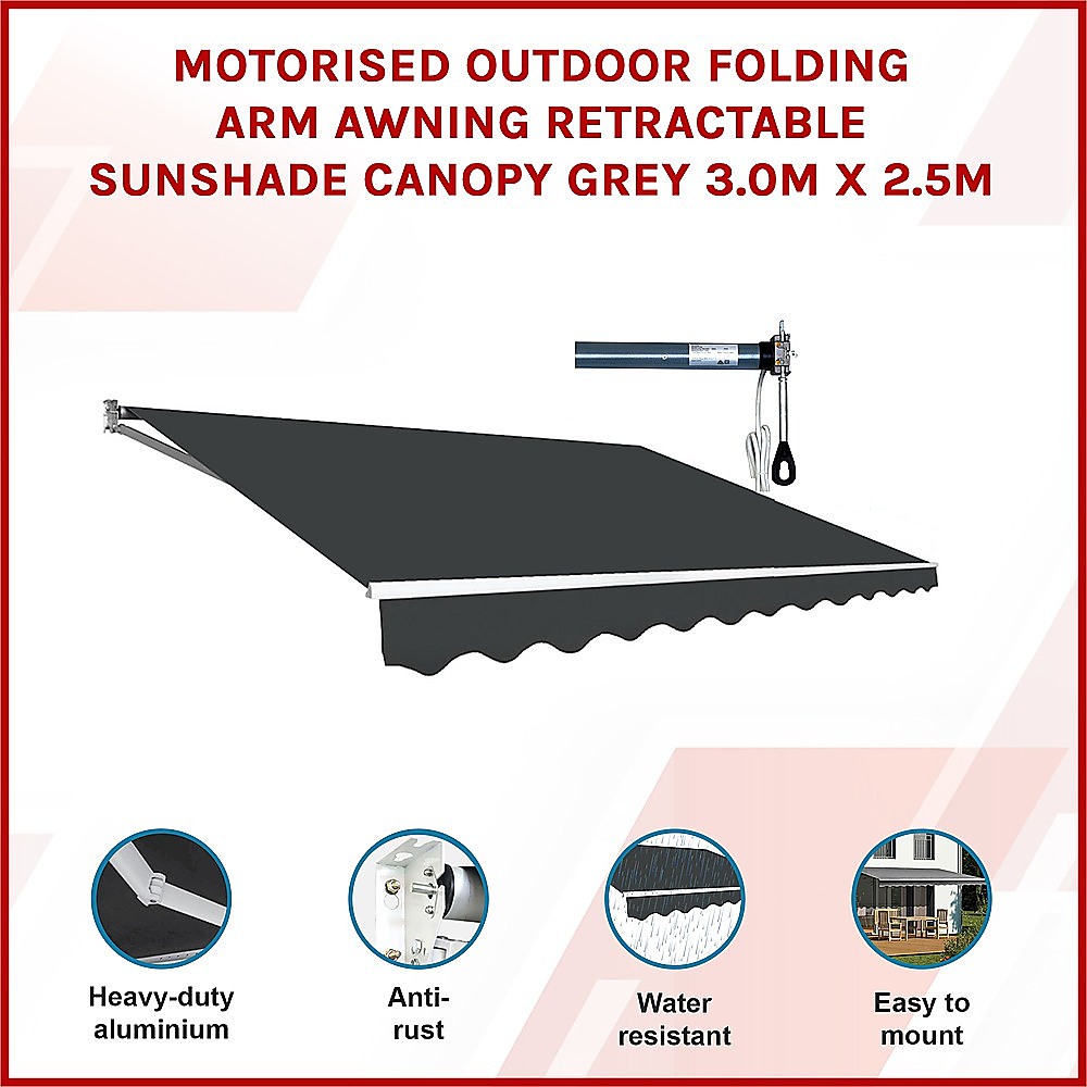 Awnings: Motorised Outdoor Folding Arm Awning Retractable Sunshade Canopy Grey 3.0m x 2.5m