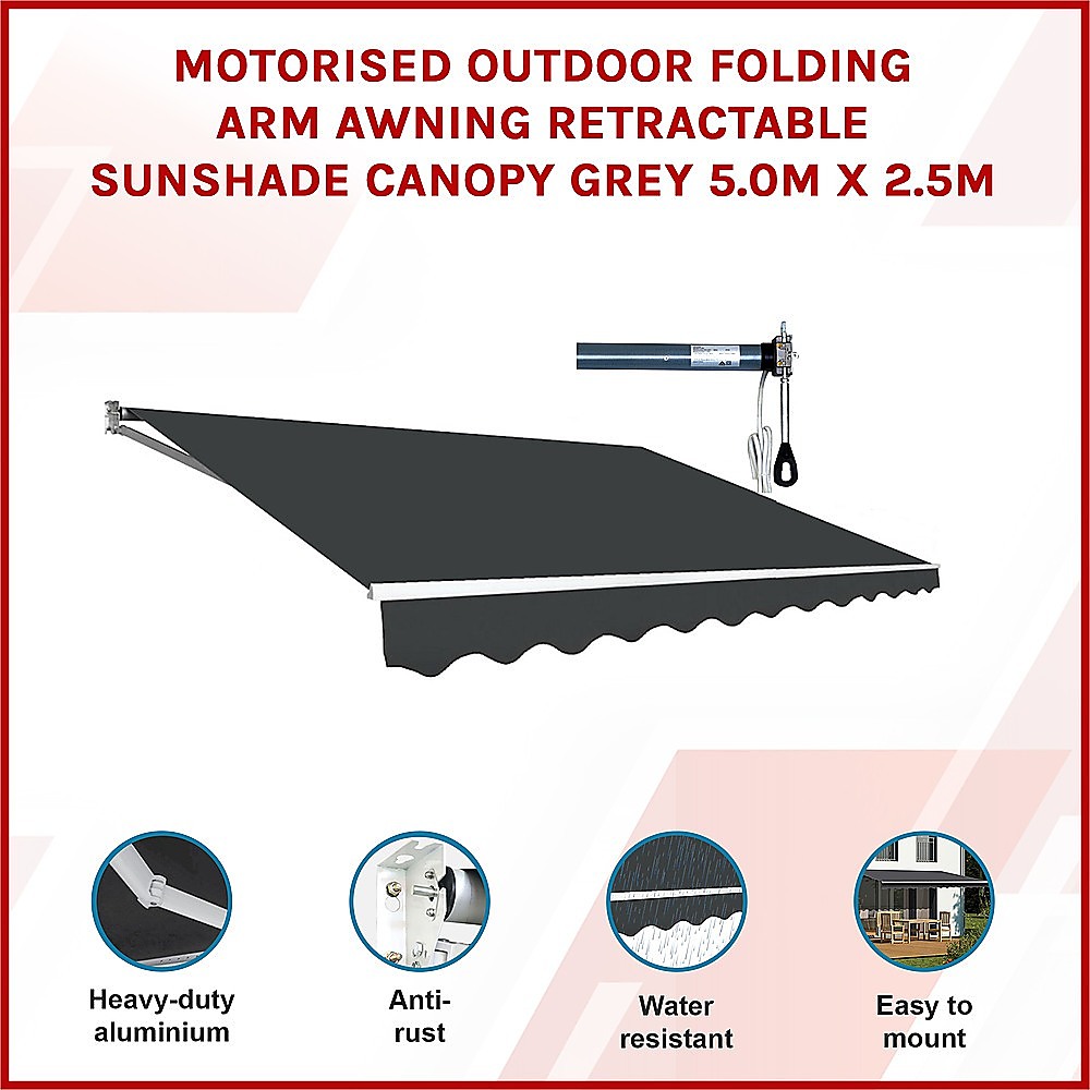 Awnings: Motorised Outdoor Folding Arm Awning Retractable Sunshade Canopy Grey 5.0m x 2.5m