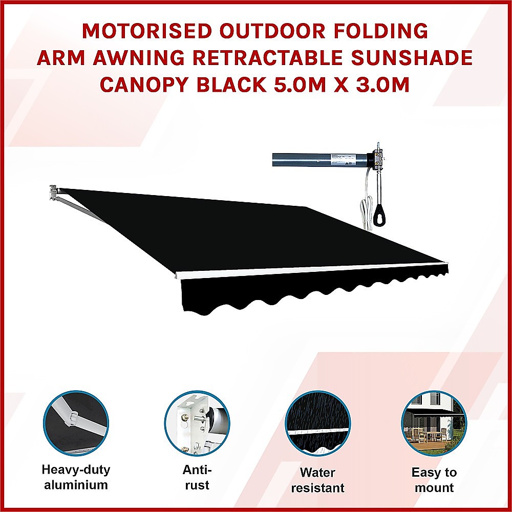 Awnings: Motorised Outdoor Folding Arm Awning Retractable Sunshade Canopy Black 5.0m x 3.0m
