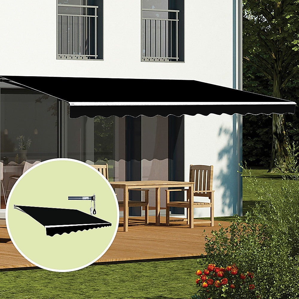 Awnings: Motorised Outdoor Folding Arm Awning Retractable Sunshade Canopy Black 5.0m x 3.0m