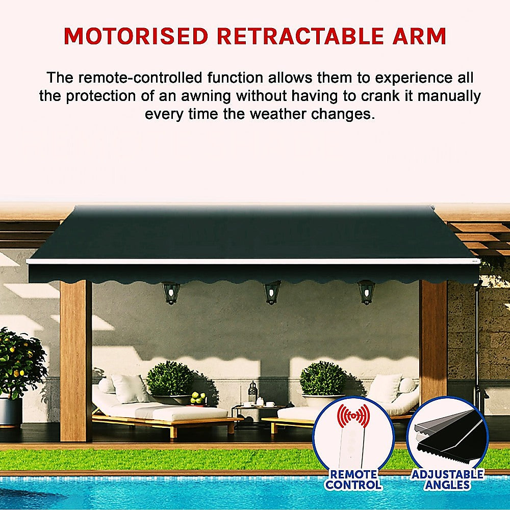 Awnings: Motorised Outdoor Folding Arm Awning Retractable Sunshade Canopy Black 5.0m x 3.0m