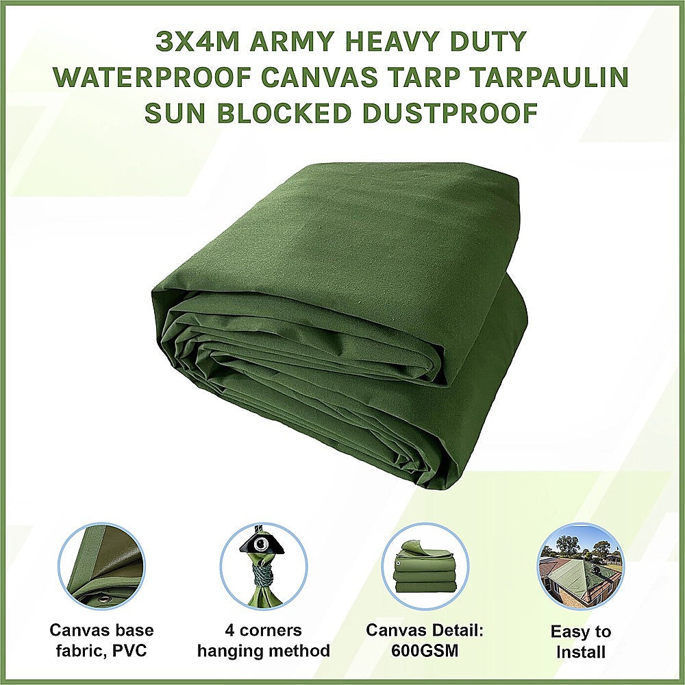 Awnings: 3x4M Army Heavy Duty Waterproof Canvas Tarp Tarpaulin Sun Blocked Dustproof