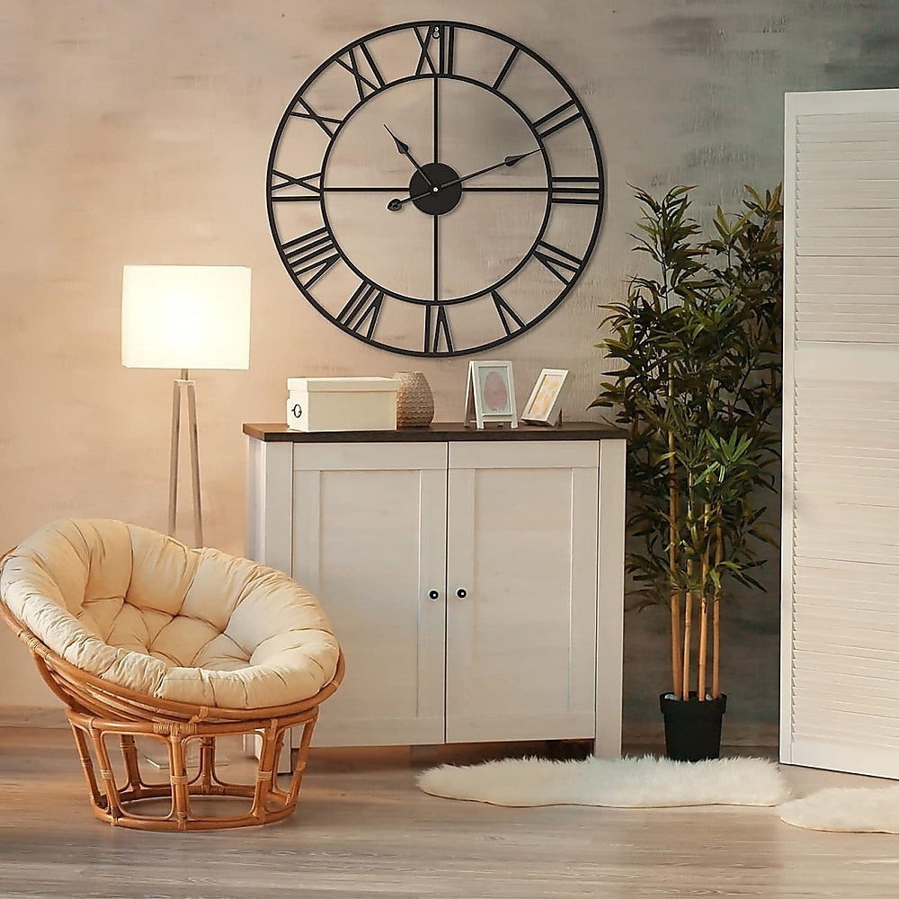 Clocks: 60cm Industrial Large Wall Clock, Round Metal Wall Clocks Roman Numerals Style