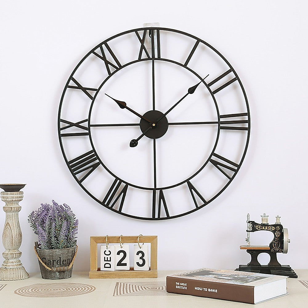 Clocks: 60cm Industrial Large Wall Clock, Round Metal Wall Clocks Roman Numerals Style