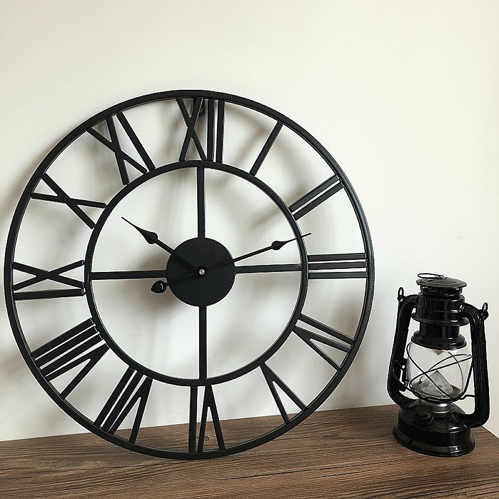 Clocks: 60cm Industrial Large Wall Clock, Round Metal Wall Clocks Roman Numerals Style